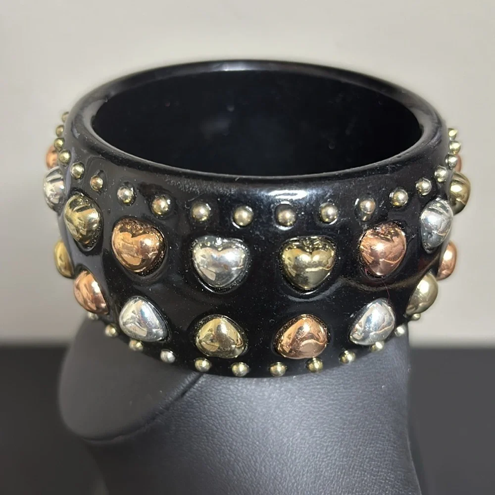 Chunky Statement Black Heart Studded Bracelet Multi Tone